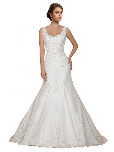 Cheap Sweethart V-Neckline Lace Wedding Dress with Shoulder Straps