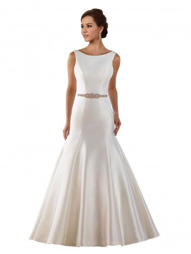 Cheap Modern Boat Neck Mermaid Satin Wedding Dress with Deep V-Back