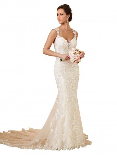Cheap Modern Chapel Train Sweetheart Mermaid Lace Wedding Dress with Keyhole Back