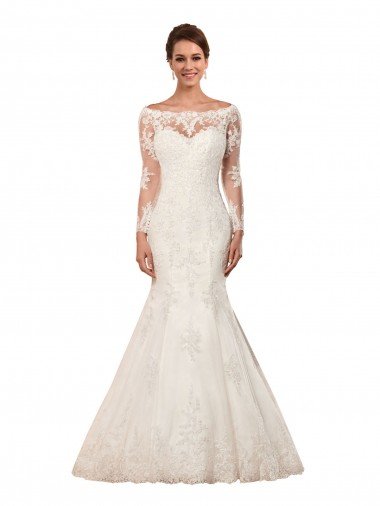 Cheap Long Sleeves Mermaid Lace Wedding Dress with Illusion Back