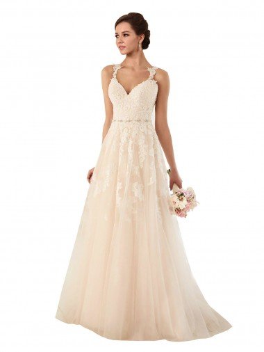 Cheap Sweetheart A-Line Tulle Wedding Dress with Lace Illusion Back