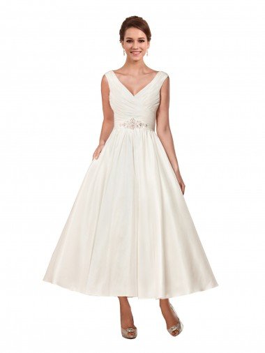 Cheap V-Neck A-Line Short Ankle Length Satin Wedding Dress