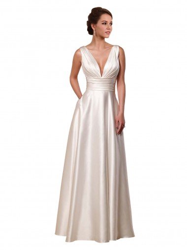 Cheap Deep V-Neck A-Line Satin Wedding Dress with Pockets