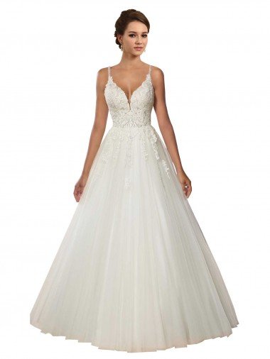 Cheap Modern Spaghetti Straps Ball Gown Tulle Wedding Dress with Lace Bodice