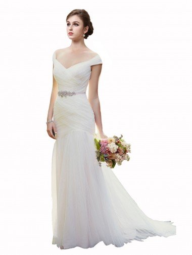 Cheap Cap Sleeves Off the Shoulder Ruched Mermaid Tulle Beach Wedding Dress