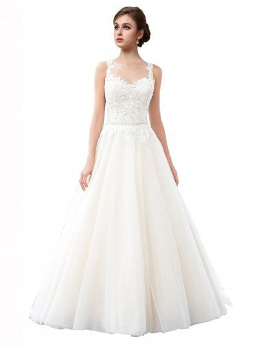 Cheap Illusion Neck A-Line Tulle Beach Wedding Dress with Lace Bodice
