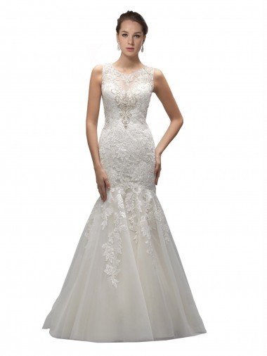 Cheap Illusion High Neck Mermaid Lace Wedding Dress