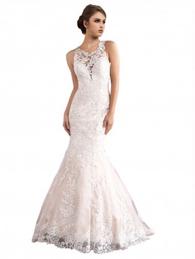 Cheap Illusion Neck Fit and Flare Tulle Wedding Dress with All Over Lace