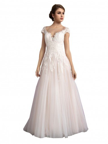 Cheap Illusion Cap Sleeves A-Line Tulle Beach Wedding Dress with Lace Bodice