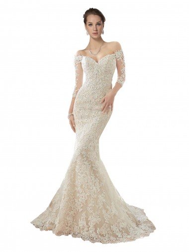 Cheap Long Sleeves Off the Shoulder Trumpet Lace Wedding Dress