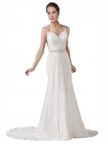 Cheap Sweetheart Sheath Chiffon Beach Wedding Dress with Beaded Belts
