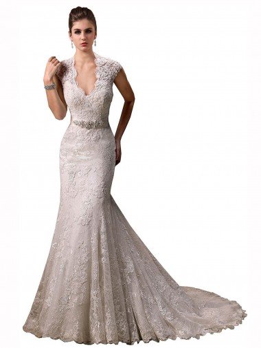 Cheap Halter V-Neck Mermaid Lace Wedding Dress with Keyhole Back