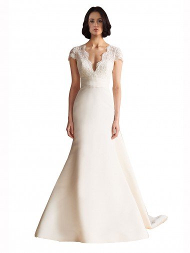 Cheap V-Neck Lace Bodice A-Line Satin Wedding Dress with Keyhole Back