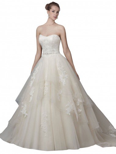 Cheap Strapless Ball Gown Tulle Wedding Dress with Lace Appliques
