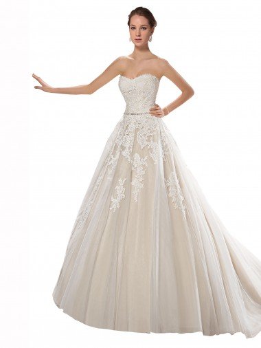Cheap Strapless Ball Gown Tulle Wedding Dress with Lace Cascades