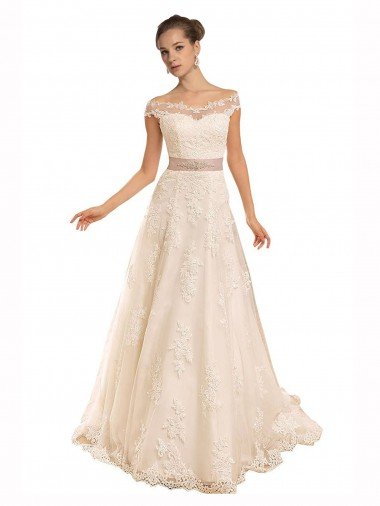 Cheap Off the Shoulder Illusion Back A-Line Lace Beach Wedding Dress