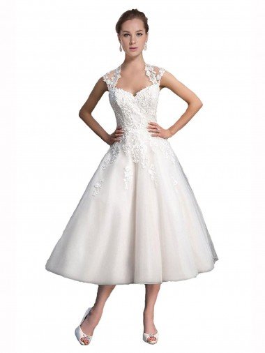 Cheap A-Line Short Tea Length Sweetheart Tulle Lace Beach Wedding Dress