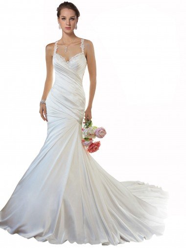 Cheap Sweetheart Mermaid Satin Beach Wedding Dress with Illusion Lace Back
