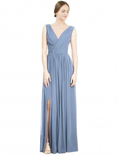 Cheap Sleeveless Draped Chiffon Maxi Bridesmaid Dress with Front Slit