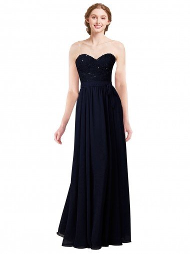 Cheap Strapless Chiffon Bridesmaids Dress with a Beaded Lace Sweetheart Bodice