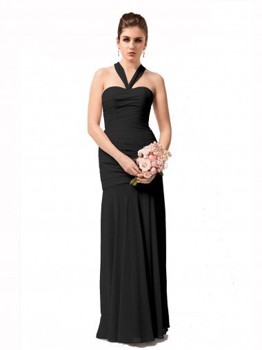 Cheap Long Halter Chiffon Bridesmaid Dress with Dropped Waist