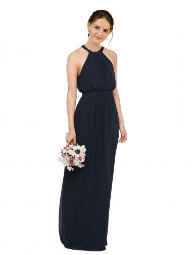 Cheap High Halter Neckline Chiffon Bridesmaid Dress with Slim Keyhole Back