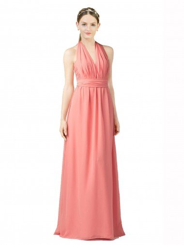 Cheap Shirred Bodice Full Length Long Chiffon Bridesmaid Dress