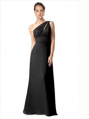 Cheap One Shoulder Full Length Chiffon Bridesmaid Dress with Shirred Bodice