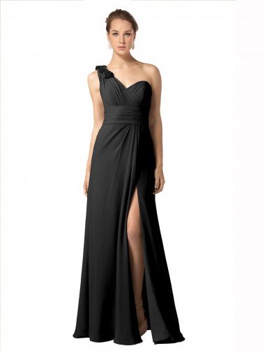Cheap Sheer One Shoulder Chiffon A-Line Bridesmaid Dress with Slit