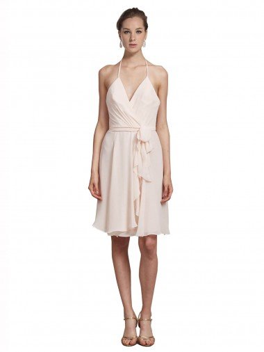 Cheap Short Knee Length Wrap Chiffon Halter Bridesmaids Dress