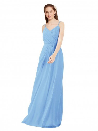 Cheap Pleated Low Back Long V-Neck Chiffon Bridesmaid Dress with Thin Straps