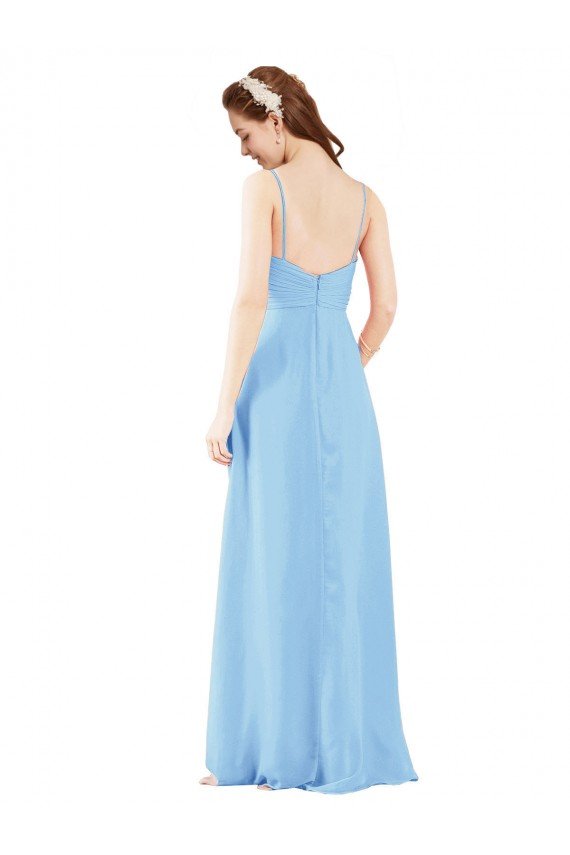 Pleated Low Back Long V-Neck Chiffon Bridesmaid Dress with Thin Straps