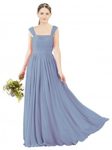 Cheap Square Neckline Sexy Open Back Long Chiffon Bridesmaid Dress