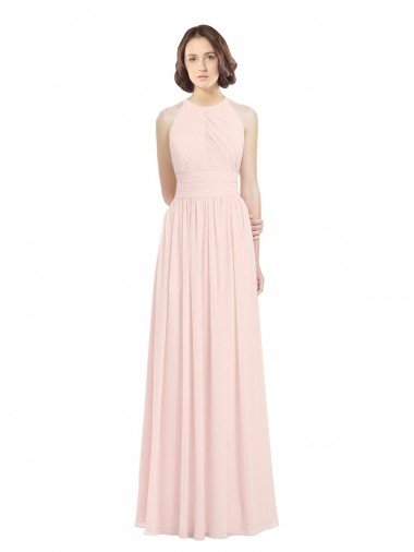 Cheap Sleeveless Chiffon High Neck Bridesmaid Dress with Diagonal Pleats