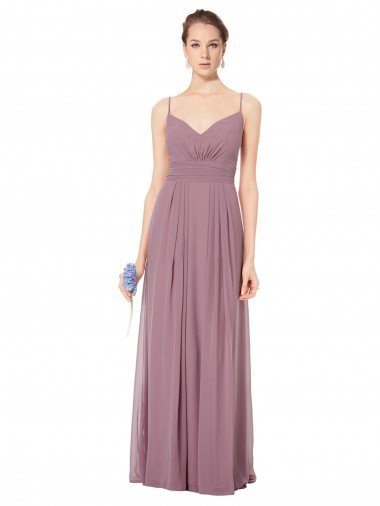 Cheap V-Neck Spaghetti Strap Open Back Long Chiffon Bridesmaid Dress