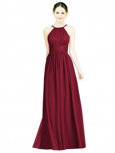 Cheap Halter Neck Open Back Draped Chiffon Bridesmaid Dress
