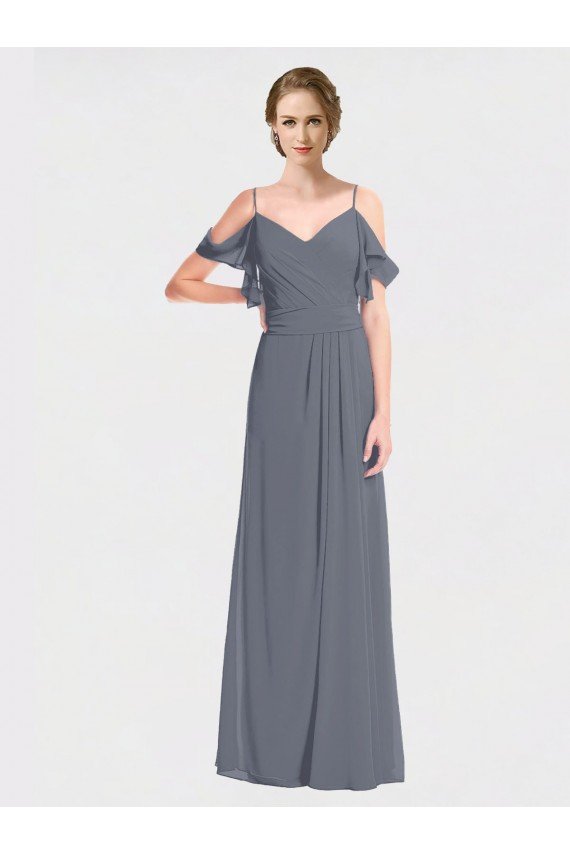Long Chiffon Spaghetti Strap V-Neck Bridesmaid Dress with Off-The-Shoulder Flutter Sleeves