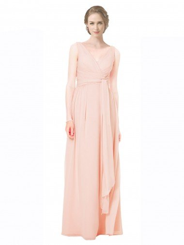Cheap Full Length Chiffon Bridesmaid Dress with V-Front and Back