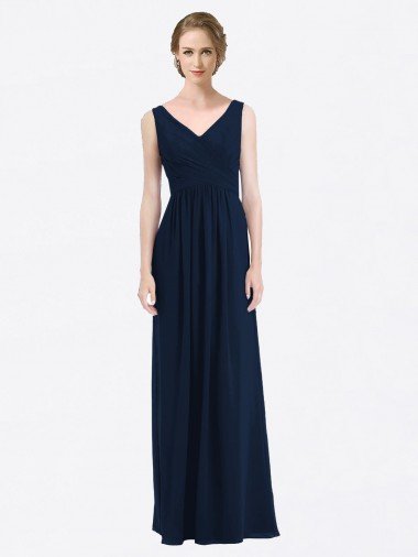 Cheap Long Chiffon V-Neck Sleeveless Bridesmaid Dress with Criss-Cross Pleated Bodice