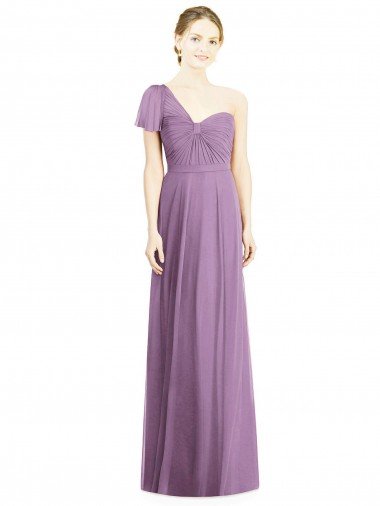 Cheap Flutter Sleeves One Shoulder Long Chiffon Bridesmaid Dress