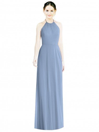 Cheap Halter Neck Tie Back Long Chiffon Bridesmaid Dress