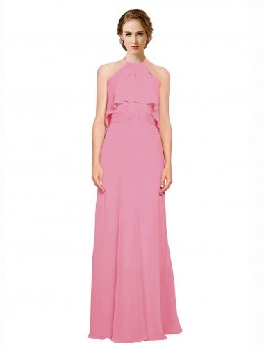 Cheap Ruffle Halter Neck A-Line Chiffon Bridesmaid Dress with Open Back