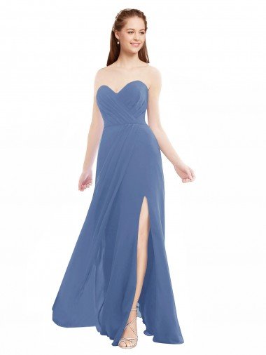 Cheap Classic Strapless Bridesmaids Dress with Draped Sweetheart Bodice and Side Slit