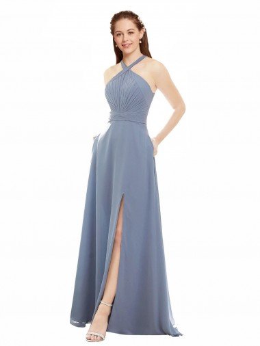 Cheap High Neck Chiffon Bridesmaid Dress with Draped Bodice & Pockets