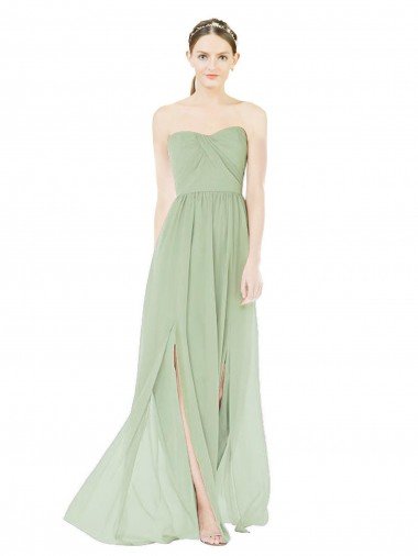 Cheap Strapless Draped Bodice Maxi Bridesmaid Dress with Front Slits