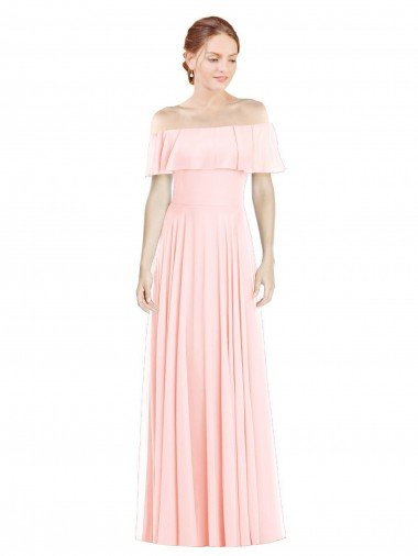 Cheap Off the Shoulder Long Bridesmaid Dress With Ruffle Overlay