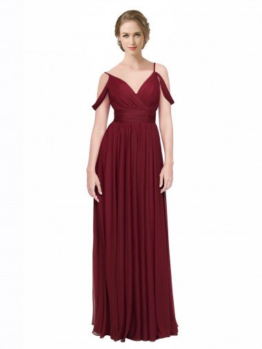 Cheap Off the Shoulder V-Neck Petite Chiffon Bridesmaid Dress with Open Back
