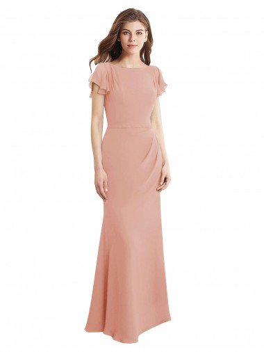 Cheap Cap Sleeves Long Chiffon Bridesmaid Dress / Prom Dress with Low V-Back