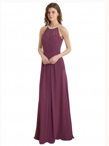 Cheap High Neckline Long Chiffon Bridesmaid Dress with Beaded Trim