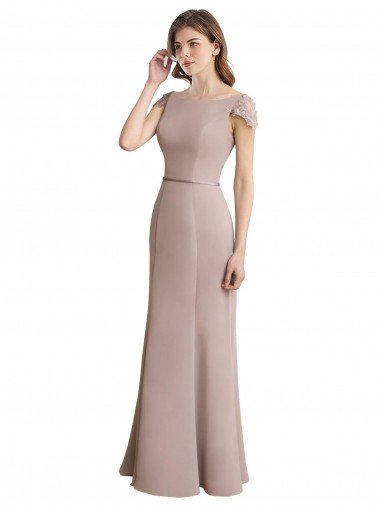 Cheap Capped Sleeves Embroidered with Applique Lace Mermaid Chiffon Bridesmaid Dress